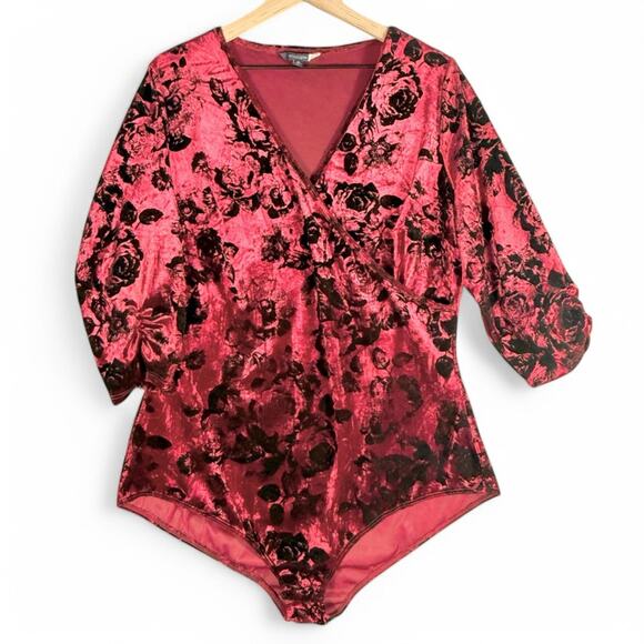 ModCloth Suits You Well Burnout Wrap‎ Bodysuit 1X Crushed Wine Red Velvet Floral - Picture 2 of 9